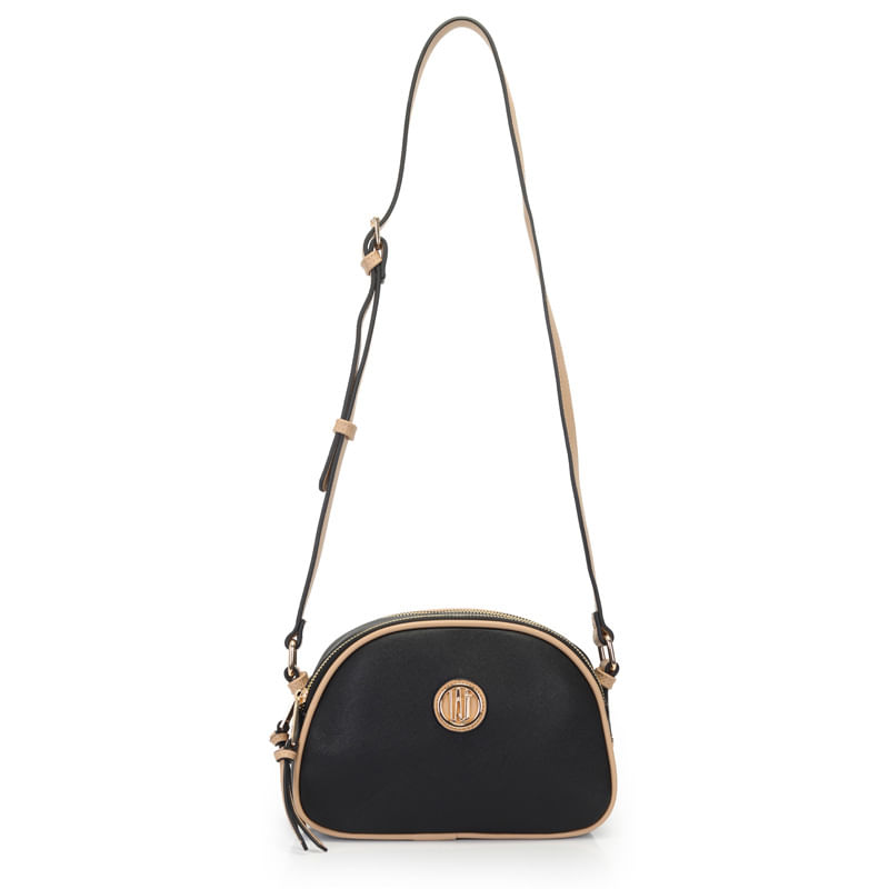 Bolsa estruturada feminina preta WJ modelo 46140 vista frontal com alça ajustável e detalhes dourados